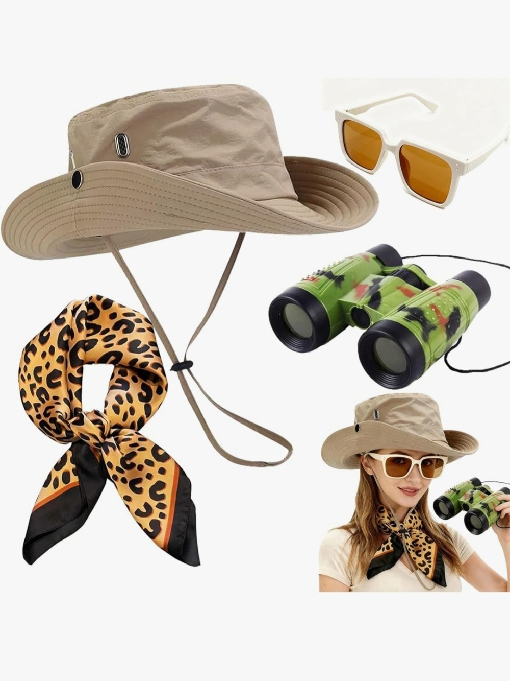 Womens Sun Hat with Leopard Scarf & Toy Binoculars/Happy Birthday Safari Banner